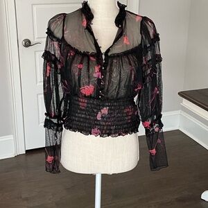 Free People Black and Pink Sheer Floral Blouse